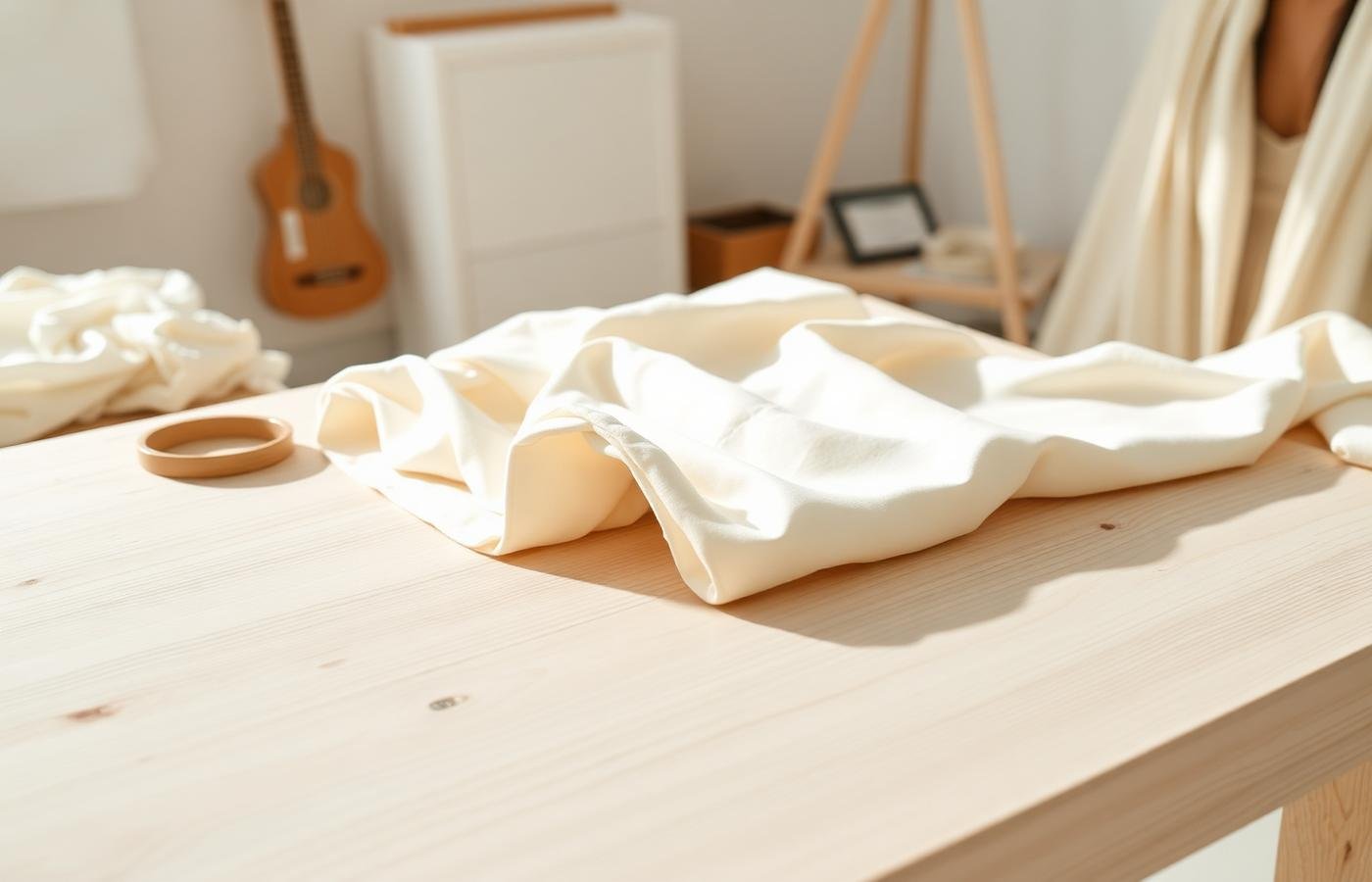 Fabric being worked by hand on a light wooden table in the Élyse atelier